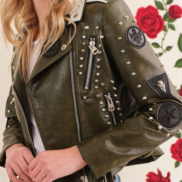 Blue B NWT Studded Vegan Leather Moto Jacket – Fantasy Rebel Look, Size Small - Picture 2 of 16